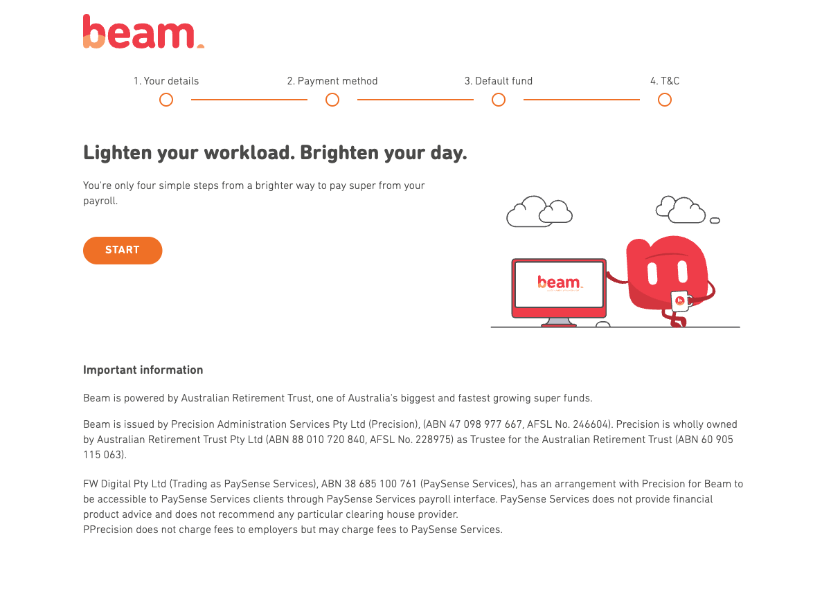 Beam welcome page showing the four-step registration process