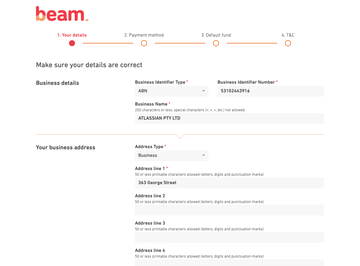 Beam step 1: business details, address, and contact information