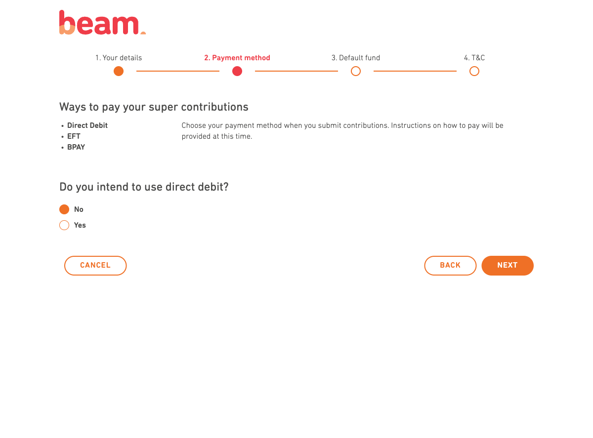 Beam step 2: payment method selection