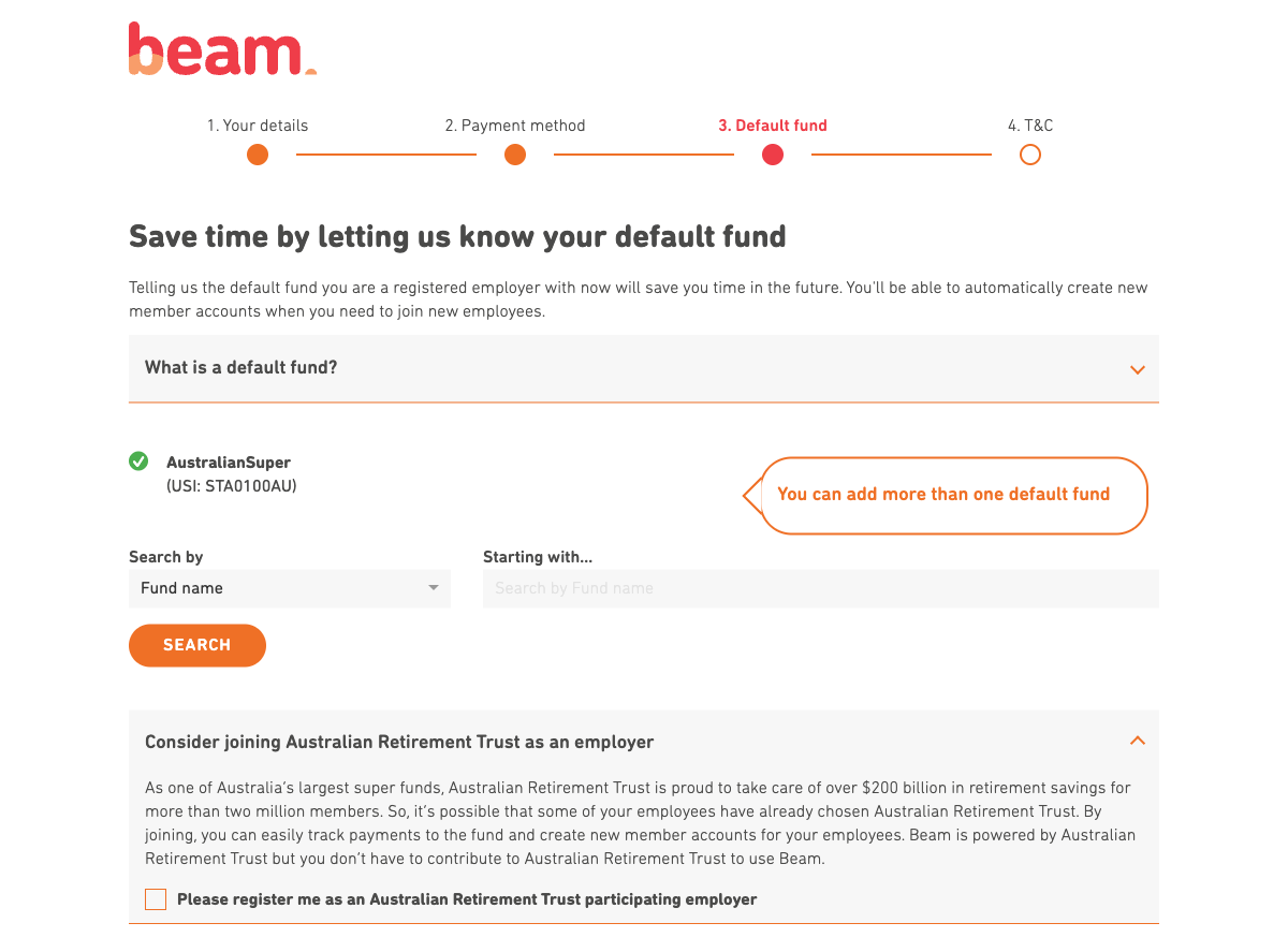 Beam step 3: default fund confirmation with AustralianSuper pre-selected