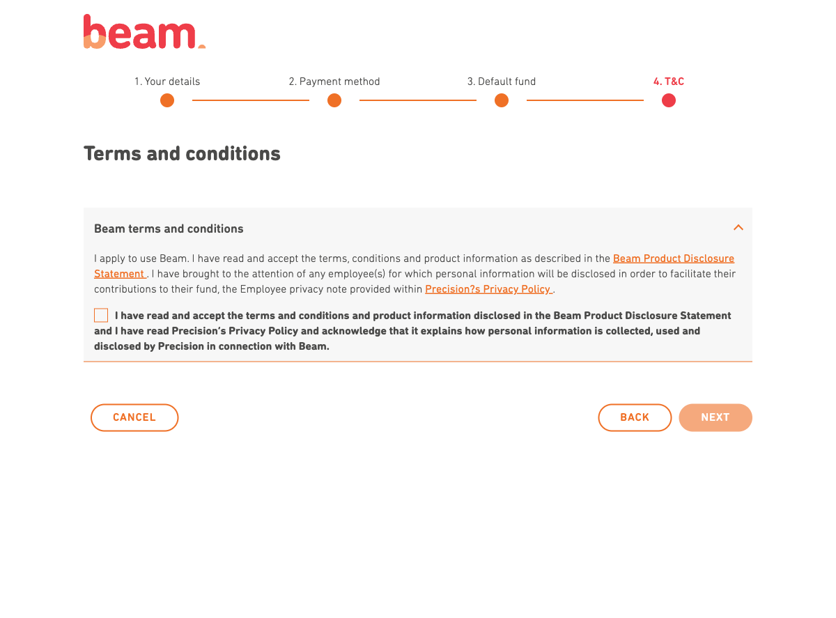 Beam step 4: terms and conditions acceptance
