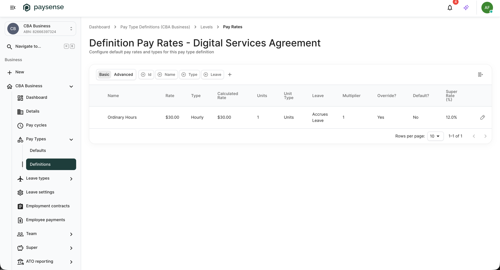Pay rates grid showing Ordinary Hours priced at $30.00